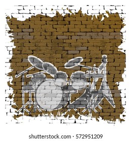 Graffiti music, electric guitar and drum set on an old brick wall with cracks and plaster.