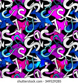 Graffiti on a black background Psychedelic seamless geometric pattern