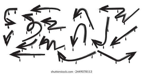 Graffiti paint spray arrows with splatter and dripping ink. Charcoal up and down cursor symbols vector illustration.