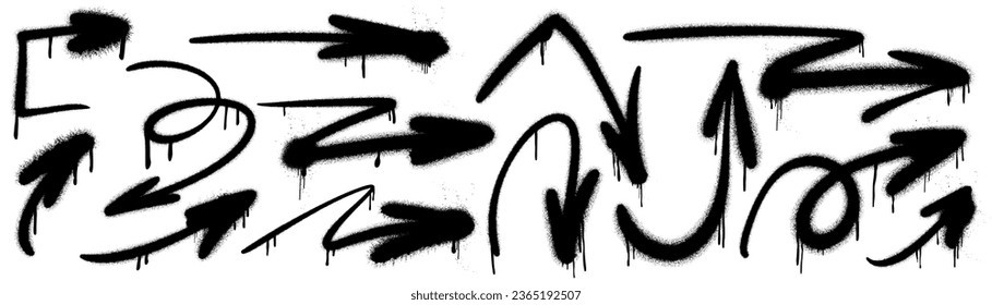 Graffiti paint spray emphasis arrows with splatter and dripping ink. Rough urban emphasis tag lines with splash spray. Vector illustration of up and down cursor symbols pointing, dirty grunge icon