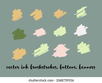 Graffiti Paint Vector Buttons Set. Brown Ink Splats, Banners, Chocolate Smears. Hipster Graffiti Ads Borders, Vintage Textured Doodles. Cool Smeared Borders, Vector Gouache Buttons Set.