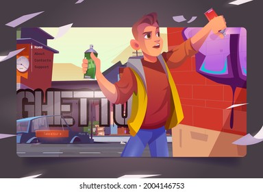 Graffiti painter in ghetto cartoon landing page. Boy teenager painting on brick wall with aerosol in cityscape with broken car. Vandalism or creative hobby occupation, vector web banner