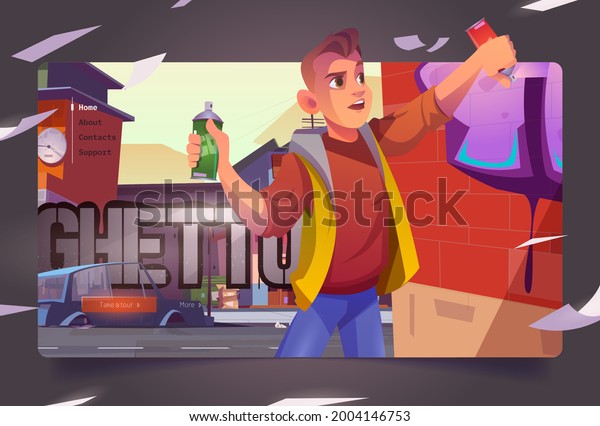 Graffiti\
painter in ghetto cartoon landing page. Boy teenager painting on\
brick wall with aerosol in cityscape with broken car. Vandalism or\
creative hobby occupation, vector web\
banner