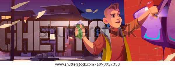 Graffiti painter in night ghetto cartoon banner.\
Boy teenager painting on brick wall with aerosol in dark cityscape\
with broken car. Vandalism or creative hobby occupation, vector web\
banner