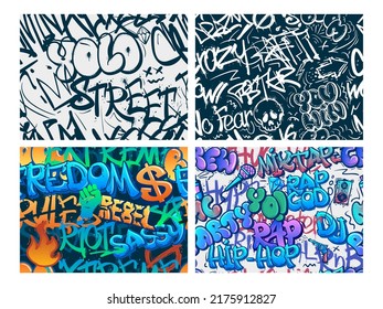 Graffiti Pattern. Abstract Riot Street Art, Urban YOLO Tags And Underground Hip-hop Rap Graffitis Seamless Vector Background Set. Freestyle Writing, City Modern And Creative Culture