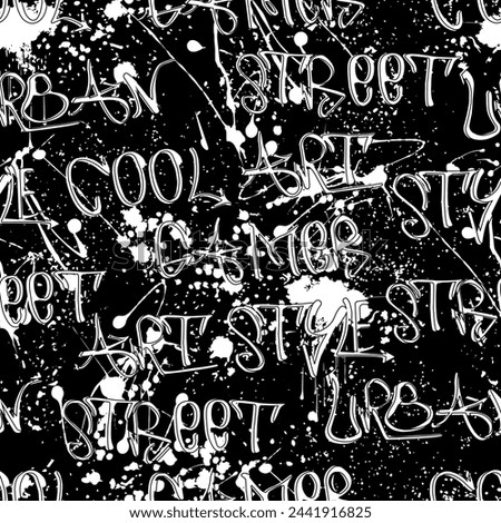 graffiti pattern. black and white urban print with text, blots and print