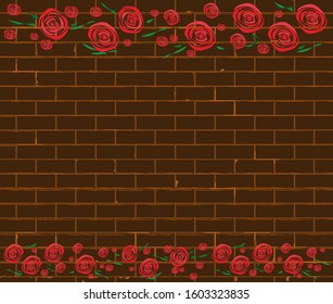 graffiti pattern of roses cover top and bottom dark brown rough brick wall