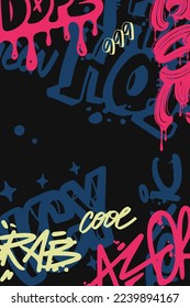 Graffiti poster with colorful tags. Street art cover in hand drawn graffiti style. Vector illustration