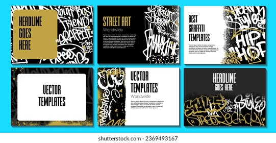 Graffiti poster or flyer design templates with colorful tags, grunge, scribblers and throw up. Hand-drawn abstract graffiti vector designs.