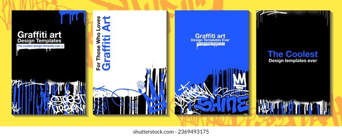 Graffiti poster or flyer design templates with colorful tags, grunge, scribblers and throw up. Hand-drawn abstract graffiti vector designs.