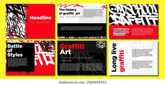 Graffiti poster or flyer design templates with colorful tags, grunge, scribblers and throw up. Hand-drawn abstract graffiti vector designs.