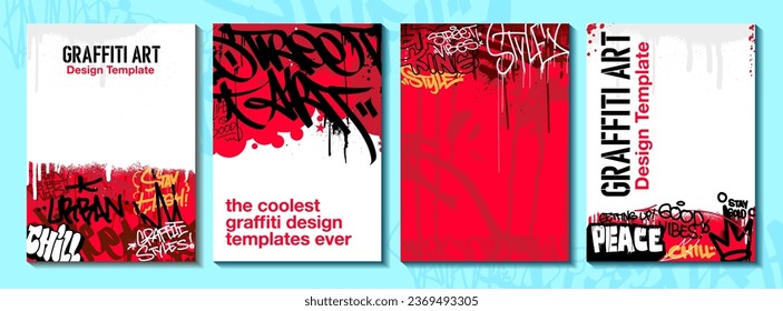 Graffiti Poster oder Flyer Design-Vorlagen mit bunten Tags, Grunge, Drehkreuzen und Werfen. Handgezeichnete abstrakte Graffiti-Vektordesigns.

