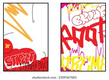 Graffiti poster or flyer design templates with colorful tags, grunge, scribblers and throw-up. Hand-drawn abstract graffiti vector designs.