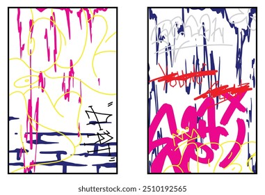 Graffiti poster or flyer design templates with colorful tags, grunge, scribblers and throw-up. Hand-drawn abstract graffiti vector designs