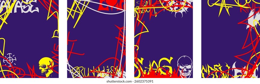 Graffiti poster set collection with vibrant color. Street art with splashes of paint, inscriptions, scribble and space for text Vector illustration