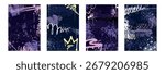 Graffiti posters with spray paint borders, urban elements and charcoal scribbles. Vector set of grunge cover design, abstract street art frames with inky drips, splatters, aerosol drops, crayon scrawl