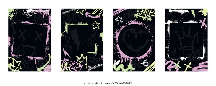 Pósters de graffiti con bordes de pintura en spray, Elementos urbanos, garabatos de tinta. Conjunto de Vector de diseño de cubierta de grunge con etiquetas abstractas de arte callejero, marcos de plantilla con goteos de tinta, salpicaduras sobre fondo negro