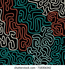 Graffiti Psychedelic Background. Abstract Motif with Labyrinth of Tangled Lines. Organic Hippie Style. Crazy Cartoon Pattern