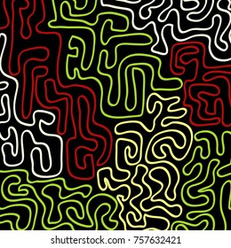 Graffiti Psychedelic Background. Abstract Motif with Labyrinth of Tangled Lines. Organic Hippie Style. Crazy Cartoon Pattern
