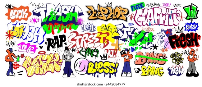 Graffiti Rap Music Hip Hop Style Words and Characters Vector set, street art  sign and symbols isolated design element 