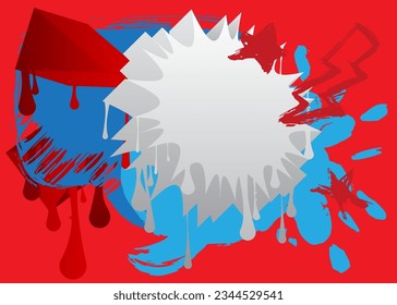Graffiti red, blue and white speech bubble. Abstract modern Messaging sign street art decoration, Discussion icon performed in urban painting style.