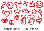 Graffiti red spray paint, grunge element. Vector set of street art style icons and rebellious symbols. Skull, cross, crown, peace sign, and heart with wings, sword, star, rabbit or diamond, eye, flash