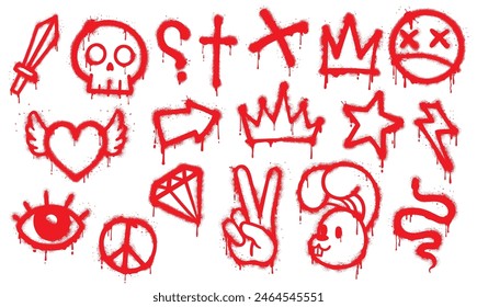 Graffiti red spray paint, grunge element. Vector set of street art style icons and rebellious symbols. Skull, cross, crown, peace sign, and heart with wings, sword, star, rabbit or diamond, eye, flash