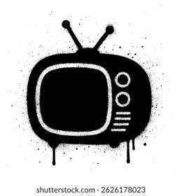 Graffiti Retro TV Spray Paint Stencil with Dripping Black Ink on Wall.
