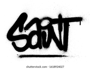 graffiti saint word sprayed in black over white