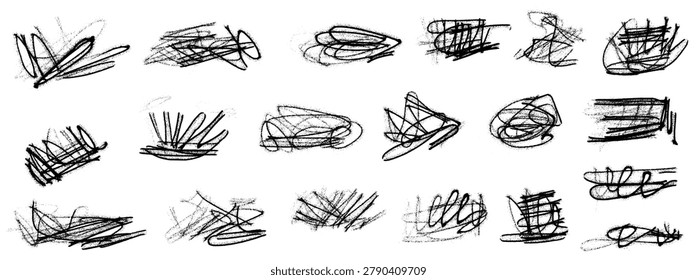 Graffiti scribble with messy lines and ink brush highlight for poster or zine decor. Brush underline emphasis in scribble graffiti marks. Hand drawn vector grunge pack isolated for creative promotion.