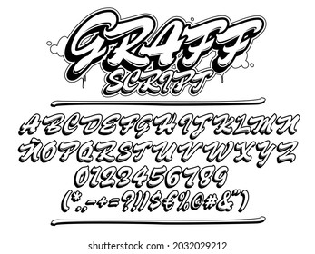 Graffiti Script Font. Uppercase  Lettering Typeface. Vector Alphabet With Numbers And Glyphs. Isolated Black Outline.