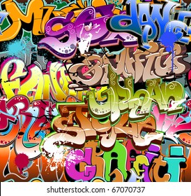 Graffiti Seamless Background. Funky Hip Hop Pattern Of Grafitti Urban Art Font And Street Design Abstract Letters And Texture