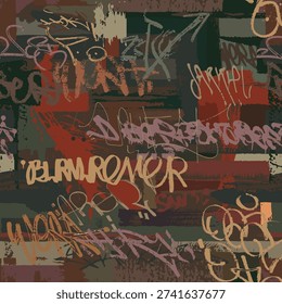 Graffiti seamless background with tags and letters. Fashion hand drawing texture in the colors of rusty old metal. Street art pattern, hip hop style design. Vector
