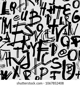 Graffiti seamless pattern with abstract tags, letters without meaning.  Fashion hand drawing texture, street art for t-shirt, textile, wrapping paper. Vector illustration.
