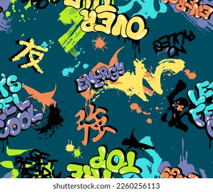 Graffiti nahtloses Muster mit abstrakten Tags. handgezeichnete Textur, Street Art Retro-Stil, altes Schuldesign für T-Shirt, Textilien, Umschlagpapier