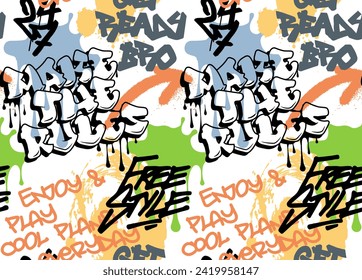 graffiti seamless pattern with abstract tags. hand drawing texture, street art modern style, old school design for t-shirt, textile, wrapping paper