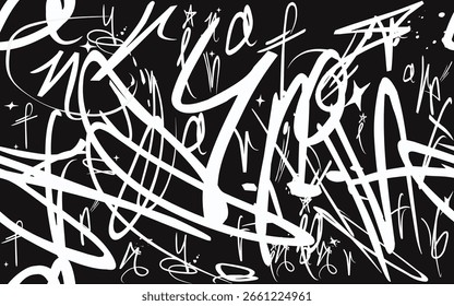 grafite padrão perfeito com tags abstratas, letras sem significado. Moda mão desenho textura, estilo retro de arte de rua, design de escola velha para Tees, têxtil, preto branco.
eps8