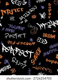 grafite padrão sem emenda com tags abstratas. textura de desenho à mão, arte de rua retro ou estilo moderno, design antigo da escola para t-shirt, têxtil, papel de embrulho	