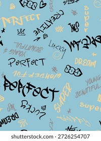 grafite padrão sem emenda com tags abstratas. textura de desenho à mão, arte de rua retro ou estilo moderno, design antigo da escola para t-shirt, têxtil, papel de embrulho	