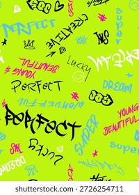 Graffiti nahtloses Muster mit abstrakten Tags. handzeichnende Textur, Street Art Retro oder moderner Stil, Old School Design für T-Shirt, Textil, Wickelpapier	