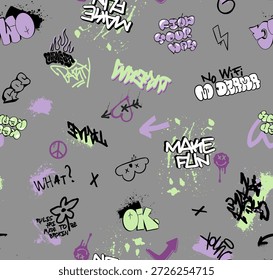 Patrón sin fisuras del graffiti con las etiquetas abstractas Textura del dibujo de la mano, estilo retro o moderno del arte de calle, diseño de la vieja escuela para la camiseta, materia textil, papel de embalaje	