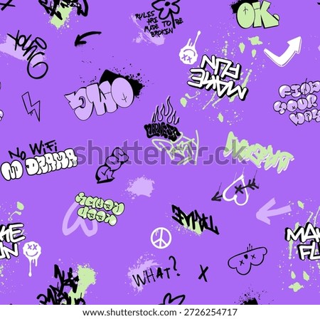 graffiti seamless pattern with abstract tags. hand drawing texture, street art retro or modern  style, old school design for t-shirt, textile, wrapping paper	