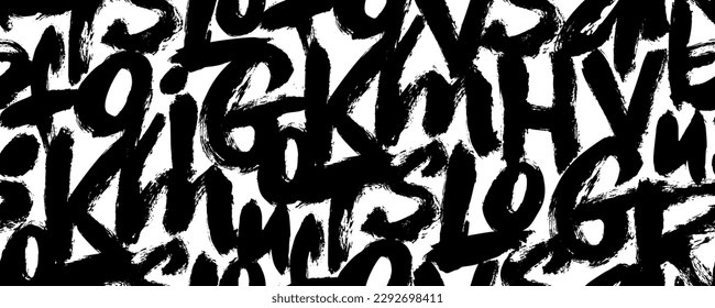 Graffiti seamless pattern with bold alphabet letters. Brush drawn grunge calligraphy pattern. Letters of the alphabet in random order. Vector black textured brush strokes. Abstract typography banner.