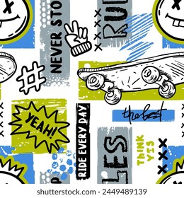 Graffiti seamless pattern with cool face, skateboard, grunge elements on white background. Urban print for teen boys