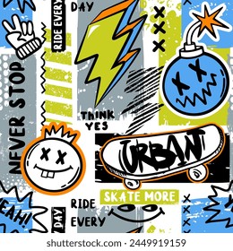 Graffiti seamless pattern with cool face, skateboard, grunge elements on white background. Urban print for teen boys