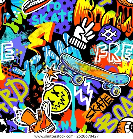 Graffiti seamless pattern with cool face, skateboard, grunge elements on black background. Urban print for teen boys