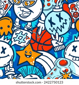 Graffiti seamless pattern with cool monsters, words, joystick on blue background. Urban print for teen boy