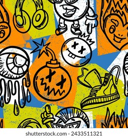 Graffiti seamless pattern with cool monsters, snickers, words on white background. Urban print for teens