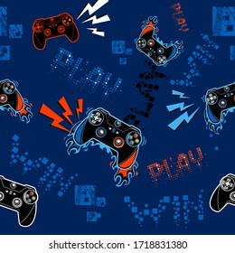 Graffiti seamless pattern with dark blue and orange gamepad sign, fire track, digital style text, lightning, squares. Gamer repeated print for boy clothes, textile, wrapping paper. Pixels words Play 