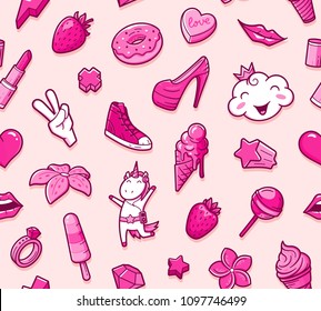 Graffiti seamless pattern with girlish style doodles. Vector background with childish girl power crazy elements. Trendy linear style collage for kids with bizarre icons.